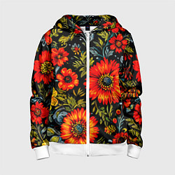 Толстовка на молнии детская Русская хохлома, паттерн, цвет: 3D-белый