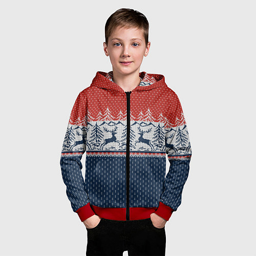 Детская толстовка на молнии Новогодний вязаный узор / 3D-Красный – фото 3