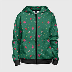 Толстовка на молнии детская Новогодний паттерн с милыми вещами на зеленом фоне, цвет: 3D-черный