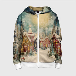 Толстовка на молнии детская Милый новогодний городок, цвет: 3D-белый