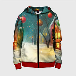 Толстовка на молнии детская Новогодние шары и тропинка, цвет: 3D-красный