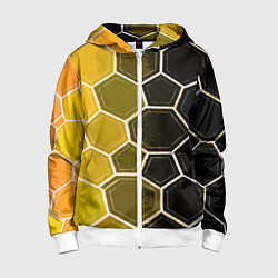 Толстовка на молнии детская Белые шестиугольники на чёрно-жёлтом фоне, цвет: 3D-белый