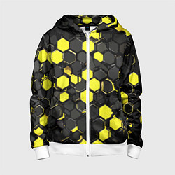 Толстовка на молнии детская Жёлто-серые шестиугольники на чёрном фоне, цвет: 3D-белый