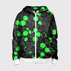 Толстовка на молнии детская Зелёно-серые шестиугольники на чёрном фоне, цвет: 3D-белый