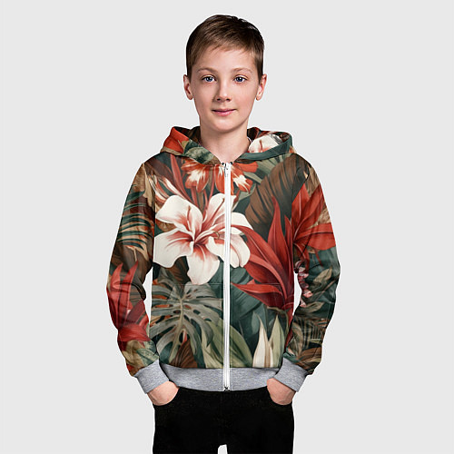 Детская толстовка на молнии Алые тропические цветы / 3D-Меланж – фото 3