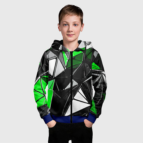 Детская толстовка на молнии Зелёно-белые рельефные треугольники на чёрном фоне / 3D-Синий – фото 3
