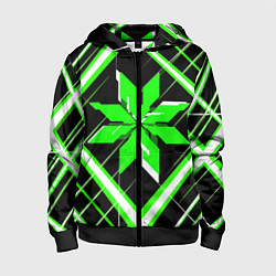 Толстовка на молнии детская Зелёно-белая звезда и полосы на чёрном фоне, цвет: 3D-черный