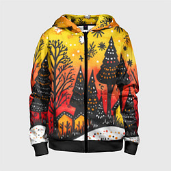 Толстовка на молнии детская Елочки на фоне оранжевого неба, цвет: 3D-черный