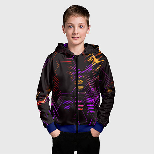 Детская толстовка на молнии Жёлто-фиолетовые точки и линии на чёрном фоне / 3D-Синий – фото 3