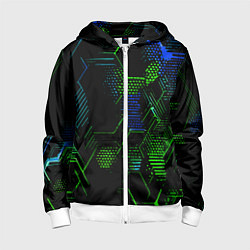 Толстовка на молнии детская Сине-зелёные точки и линии на чёрном фоне, цвет: 3D-белый