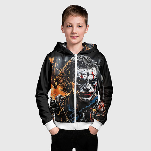 Детская толстовка на молнии Джокер на фоне огня / 3D-Белый – фото 3