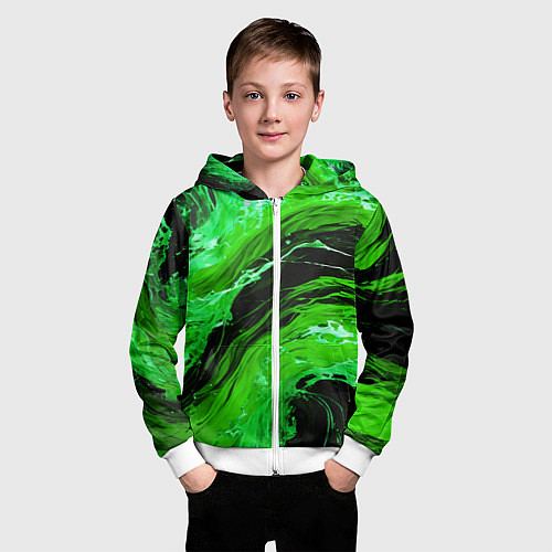 Детская толстовка на молнии Зелёные брызги на чёрном фоне / 3D-Белый – фото 3