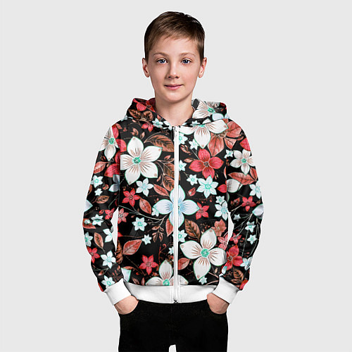 Детская толстовка на молнии Красно-белые цветы на чёрном фоне / 3D-Белый – фото 3