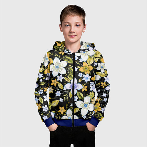 Детская толстовка на молнии Жёлто-белые цветы на чёрном фоне / 3D-Синий – фото 3