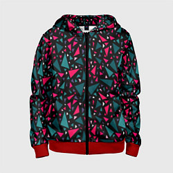 Толстовка на молнии детская Синие красные треугольники на черном фоне, цвет: 3D-красный