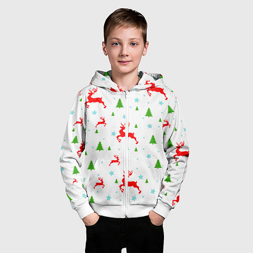 Детская толстовка на молнии Новогодние олени с ёлками / 3D-Белый – фото 3