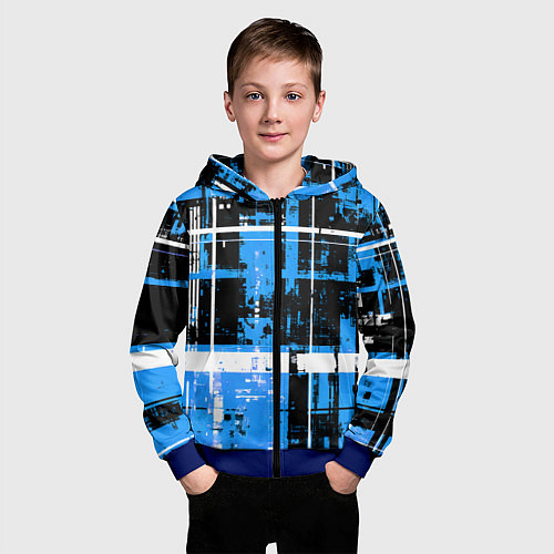 Детская толстовка на молнии Сине-белый гранж на чёрном фоне / 3D-Синий – фото 3