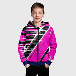 Толстовка на молнии детская Чёрно-белые глитч полосы на розовом фоне, цвет: 3D-синий — фото 2