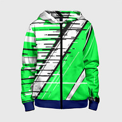 Толстовка на молнии детская Чёрно-белые глитч полосы на зелёном фоне, цвет: 3D-синий