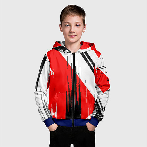 Детская толстовка на молнии Вертикальные чёрные линии на красно-белом фоне / 3D-Синий – фото 3