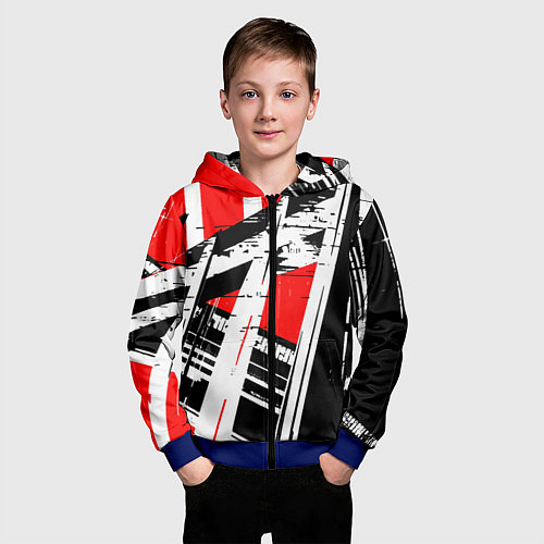 Детская толстовка на молнии Чёрно-белые абстрактные линии на красном фоне / 3D-Синий – фото 3