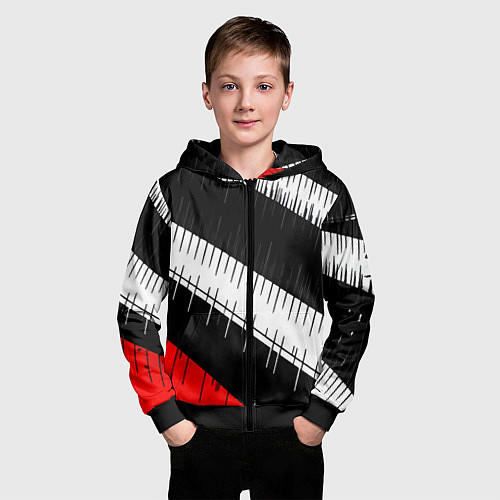 Детская толстовка на молнии Диагональные чёрно-белые полосы на красном фоне / 3D-Черный – фото 3