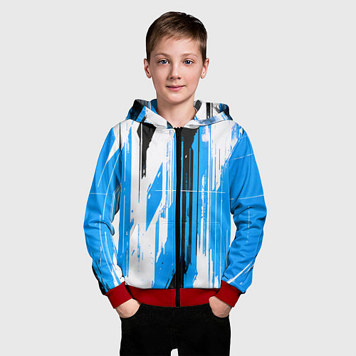 Детская толстовка на молнии Вертикальные чёрно-белые линии на синем фоне / 3D-Красный – фото 3