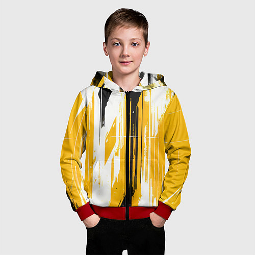 Детская толстовка на молнии Вертикальные чёрно-белые линии на жёлтом фоне / 3D-Красный – фото 3