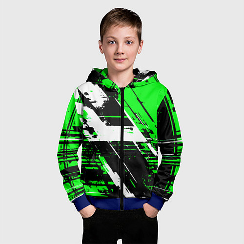 Детская толстовка на молнии Diagonal black and white stripes on a green backgr / 3D-Синий – фото 3