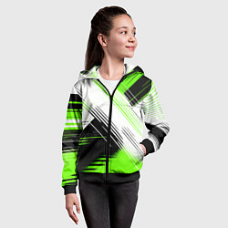Толстовка на молнии детская Диагональные бело-зелёные линии на чёрном фоне, цвет: 3D-черный — фото 2