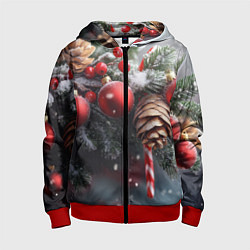 Толстовка на молнии детская Новогодние украшения на ветках, цвет: 3D-красный