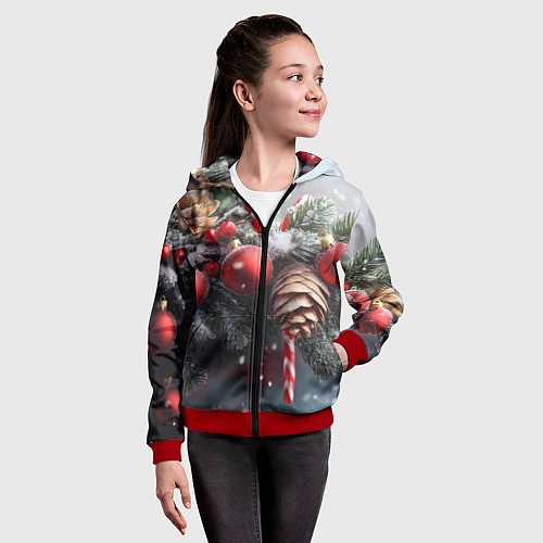 Детская толстовка на молнии Новогодние украшения на ветках / 3D-Красный – фото 4