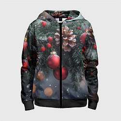 Толстовка на молнии детская Красные игрушки на елке и шишки, цвет: 3D-черный