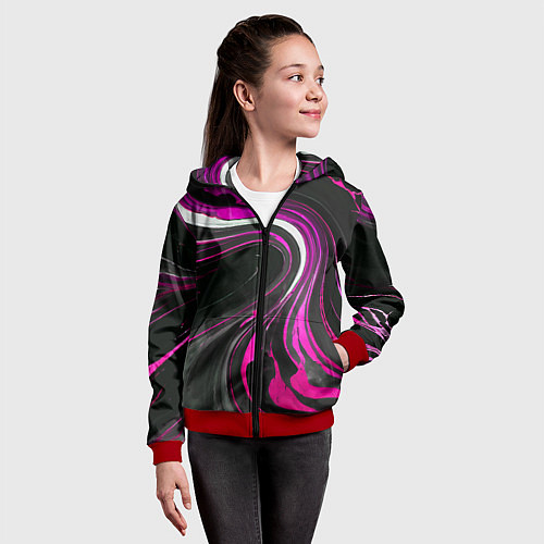 Детская толстовка на молнии Волнистые бело-розовые линии на чёрном фоне / 3D-Красный – фото 4