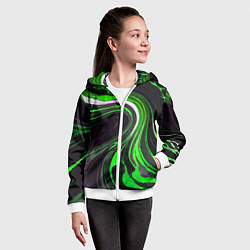 Толстовка на молнии детская Волнистые бело-зелёные линии на чёрном фоне, цвет: 3D-белый — фото 2