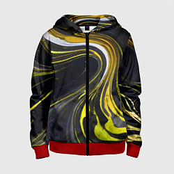 Толстовка на молнии детская Волнистые бело-жёлтые линии на чёрном фоне, цвет: 3D-красный