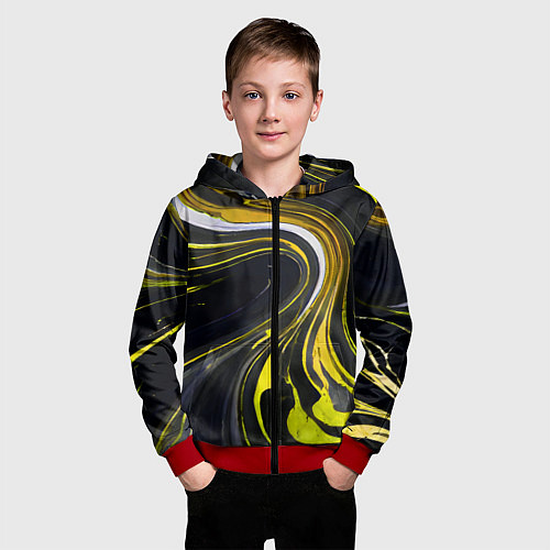 Детская толстовка на молнии Волнистые бело-жёлтые линии на чёрном фоне / 3D-Красный – фото 3