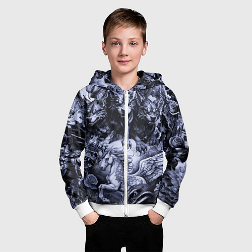 Детская толстовка на молнии Мифические существа с стиле тату / 3D-Белый – фото 3