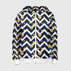 Толстовка на молнии детская Золотые кляксы на фоне бело-синего паттерна, цвет: 3D-белый