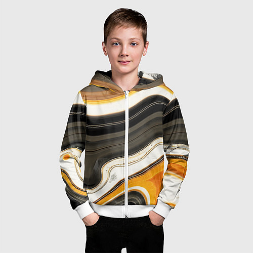 Детская толстовка на молнии Волнистые чёрно-жёлтые полосы на белом фоне / 3D-Белый – фото 3