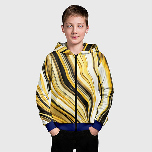 Детская толстовка на молнии Волнистые вертикальные чёрно-жёлтые полосы / 3D-Синий – фото 3