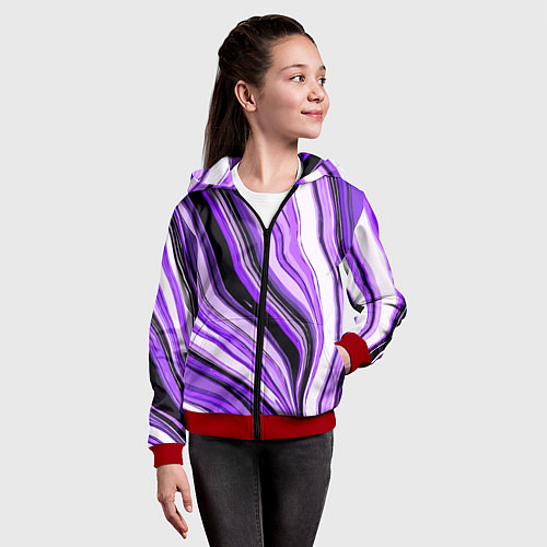 Детская толстовка на молнии Волнистые вертикальные чёрно-фиолетовые полосы / 3D-Красный – фото 4