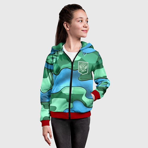 Детская толстовка на молнии Зелено-голубой камуфляж и герб РФ / 3D-Красный – фото 4
