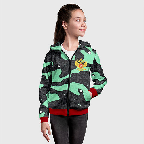 Детская толстовка на молнии Текстурный черно-зеленый камуфляж / 3D-Красный – фото 4