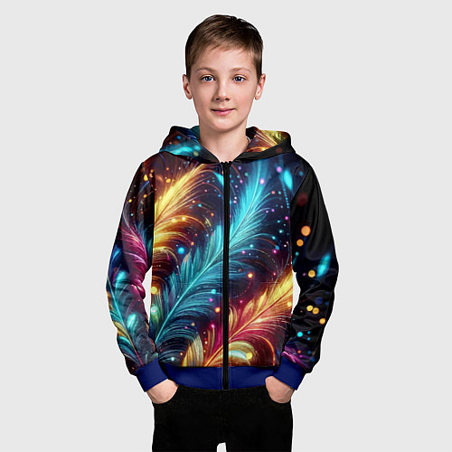 Детская толстовка на молнии Неоновые разноцветные перья / 3D-Синий – фото 3