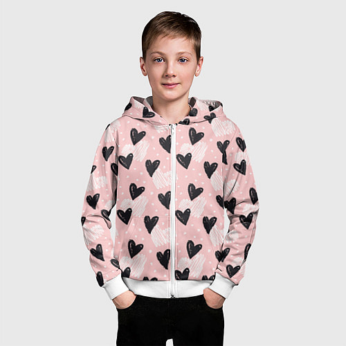 Детская толстовка на молнии Романтичный паттерн с сердечками на розовом фоне / 3D-Белый – фото 3