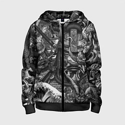 Толстовка на молнии детская Самурай и дракон в стиле татуировки ирезуми, цвет: 3D-черный