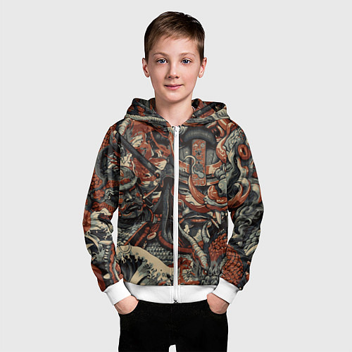 Детская толстовка на молнии Драконы и самураи в стиле ирезуми / 3D-Белый – фото 3