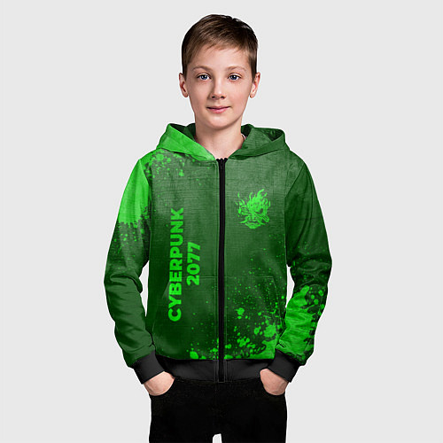 Детская толстовка на молнии Cyberpunk 2077 - green gradient вертикально / 3D-Черный – фото 3
