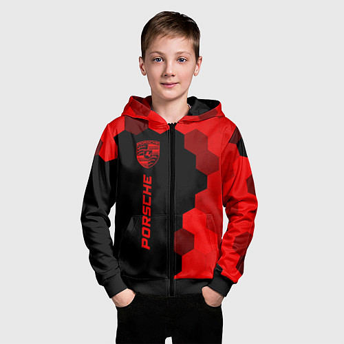 Детская толстовка на молнии Porsche - red gradient по-вертикали / 3D-Черный – фото 3